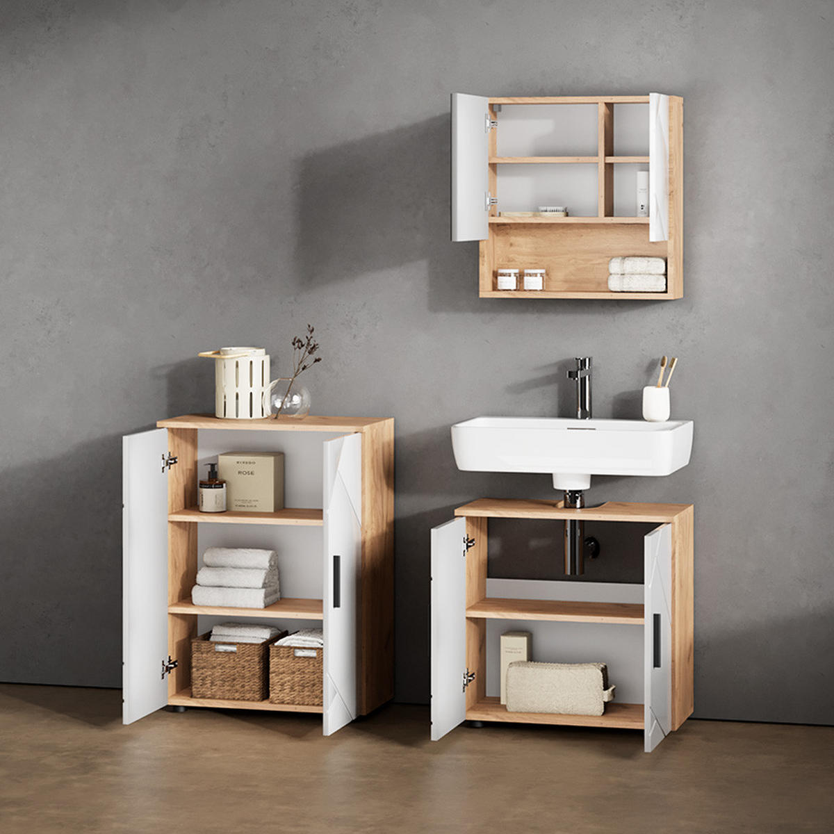 BADMÖBEL-SET Ronco Weiß Hochglanz/Goldkraft Eiche 3 Teile, mit Unterschrank 60 cm - Weiß Hochglanz/Eiche Wotan, Holzwerkstoff (60/59/30cm) - Livinity®