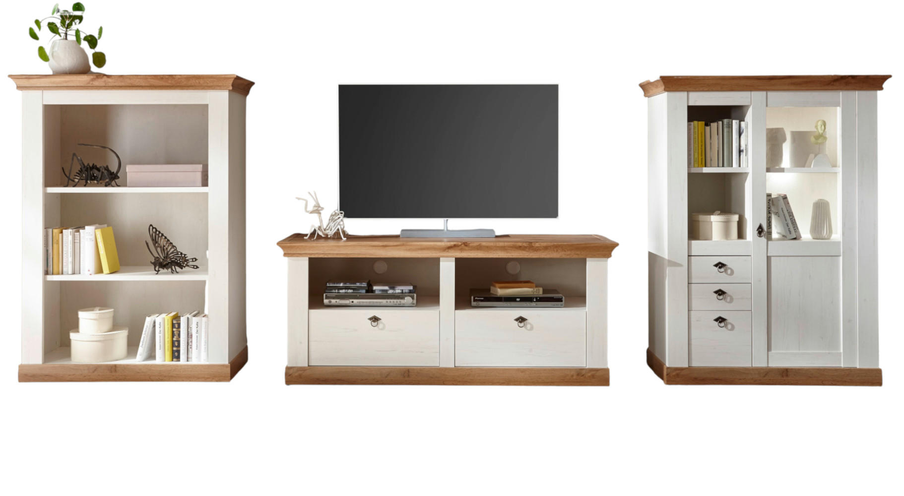 WOHNWAND weiß Pinie, Eiche Wotan, Landhaus Schrankwand 3-teilig 376 x 139 cm - Eichefarben/Silberfarben, Holzwerkstoff/Metall (376/139/52cm) - Furn.Design