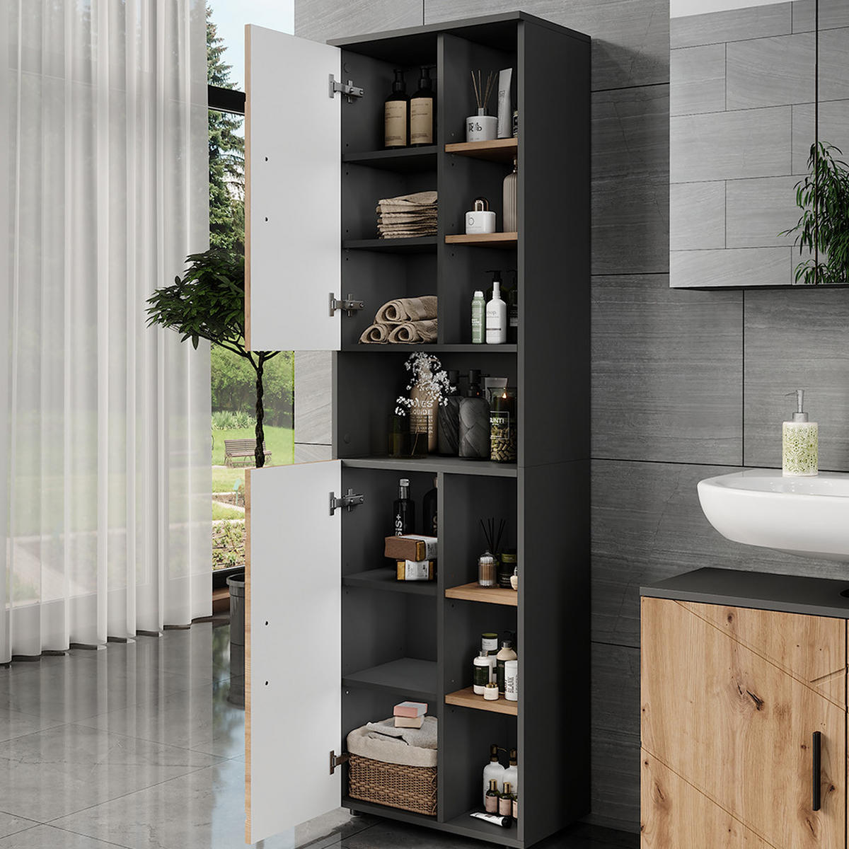 HOCHSCHRANK Irma Anthrazit/Artisan 50 x 172 cm mit 2 Türen - Anthrazit/Eiche Artisan, Holzwerkstoff (50/172/30cm) - Vicco