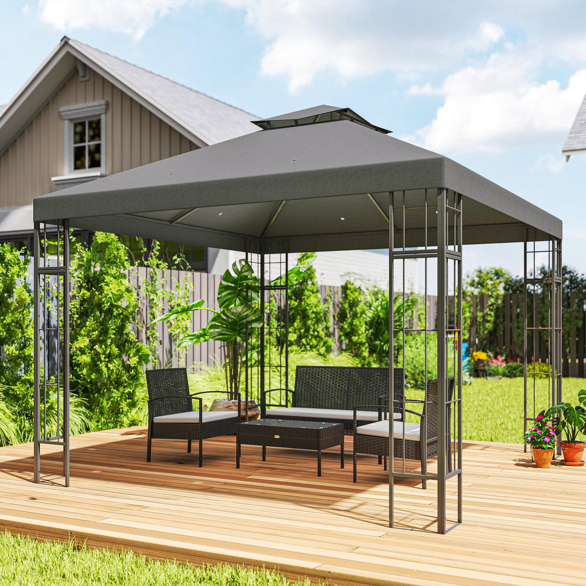 GARTEN-PAVILLON mit Doppeldach, ca. 3x3 m, Sonnenschutz - Dunkelgrau, Metall (298/279/162cm) - Outsunny