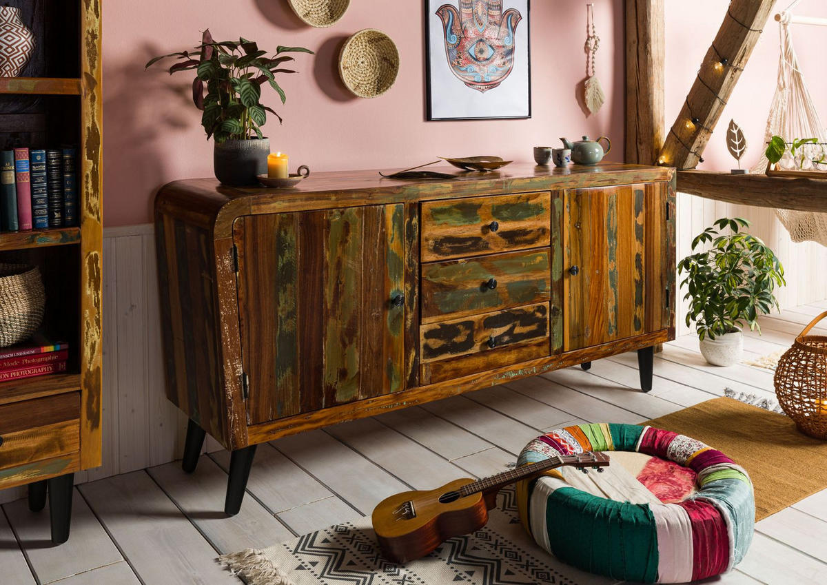 SIDEBOARD Altholz 180x45x86 mehrfarbig lackiert SIXTIES #110 - Multicolor, Holz (180/86/45cm) - Massivmoebel24