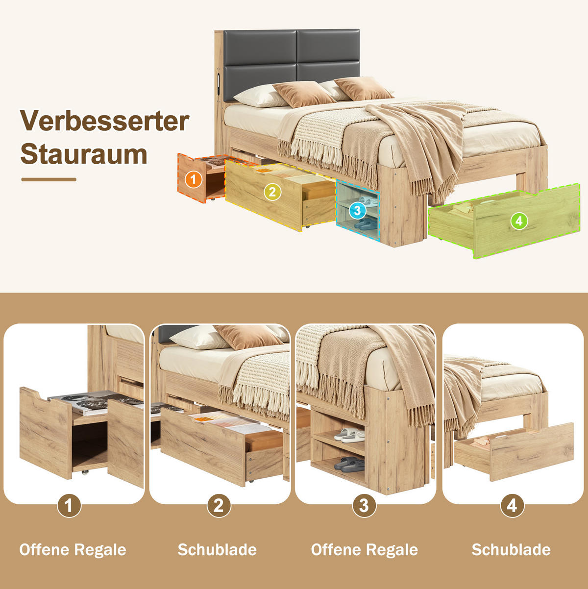 EINZELBETT aus MDF 90x200 cm Natur mit Schubladen, USB- und USB-C-Anschlüssen - Eichefarben, Holzwerkstoff (90/200cm) - Modfu