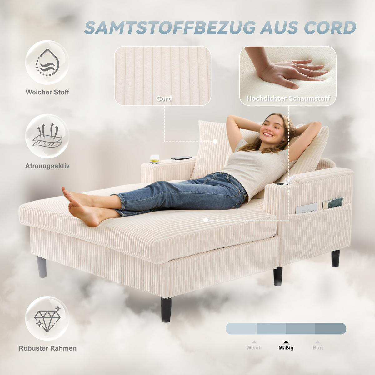 CHAISELONGUE Cord Beige mit LED, Stauraum und USB - Beige, Kunststoff/Textil (129/70/170cm) - WISHDOR