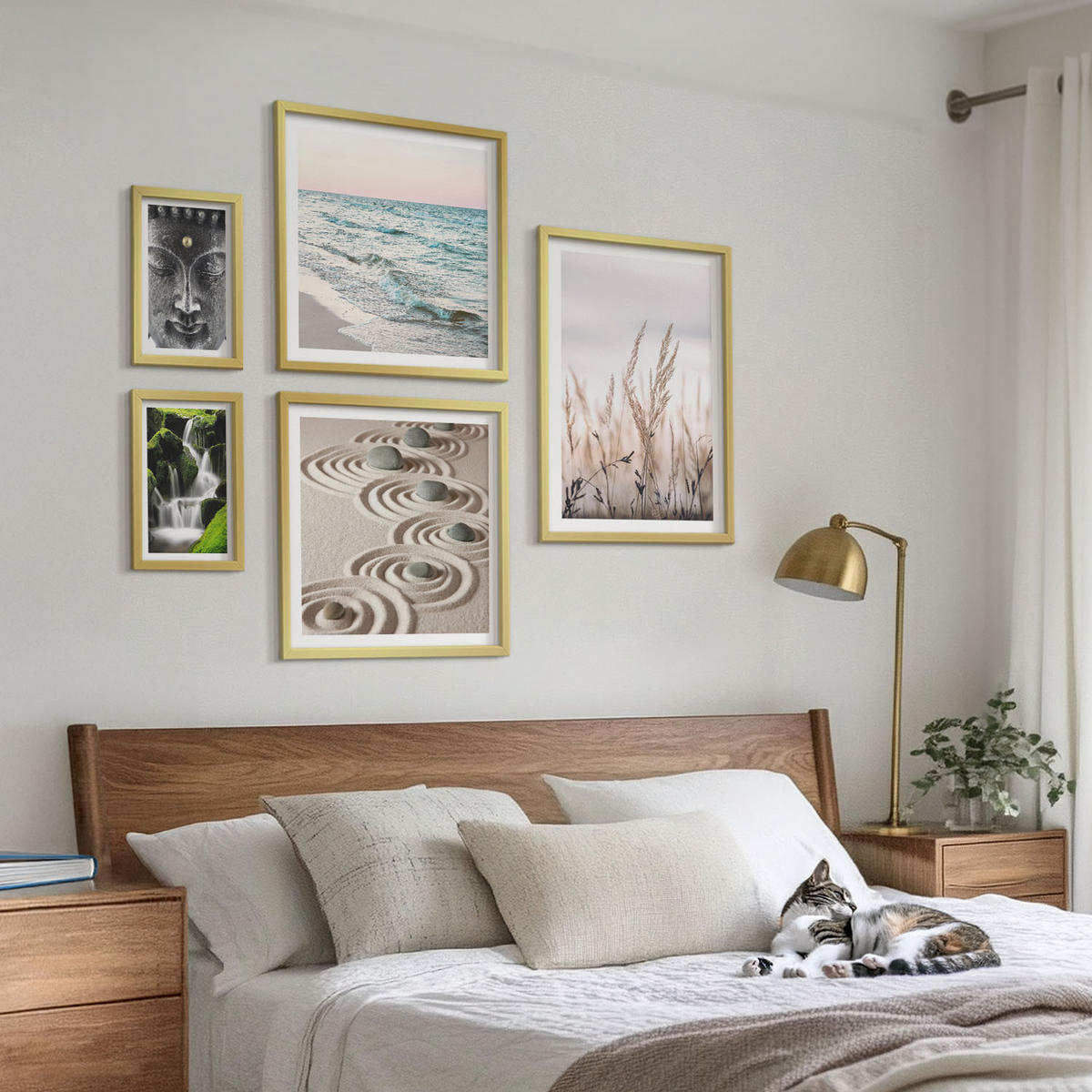 BILDER SET 5er Set - 50x50 cm & 20x30 cm & 40x60 cm Goldrahmen - Nachthimmel, Berge, Sterne - Goldfarben, Kunststoff (40/60cm) - TULUP