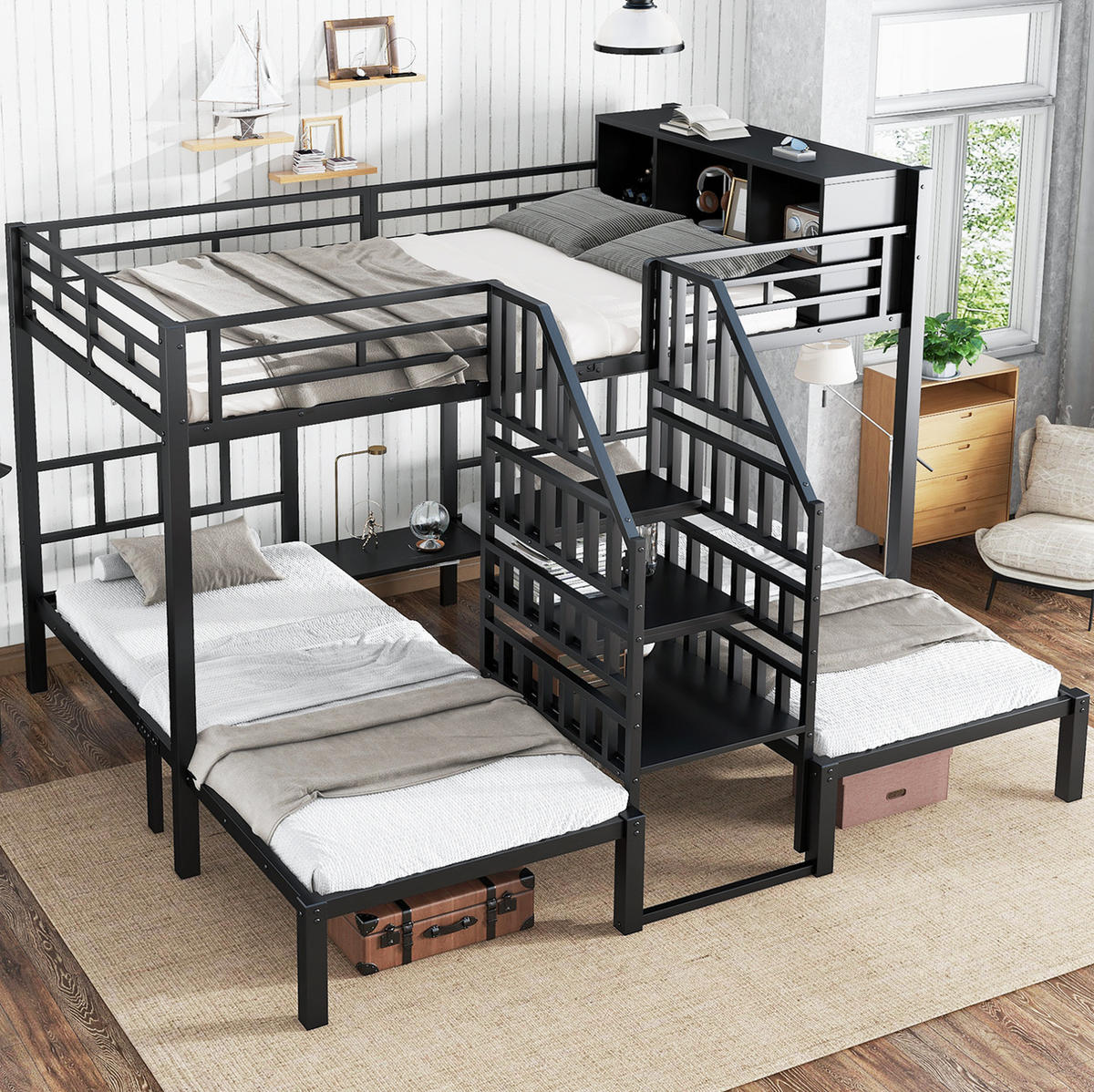 ETAGENBETT 90/200 & 140/200 cm mit Treppe, Handläufen und Stauraum, Schwarz - Schwarz, Metall (90/200cm) - Redom