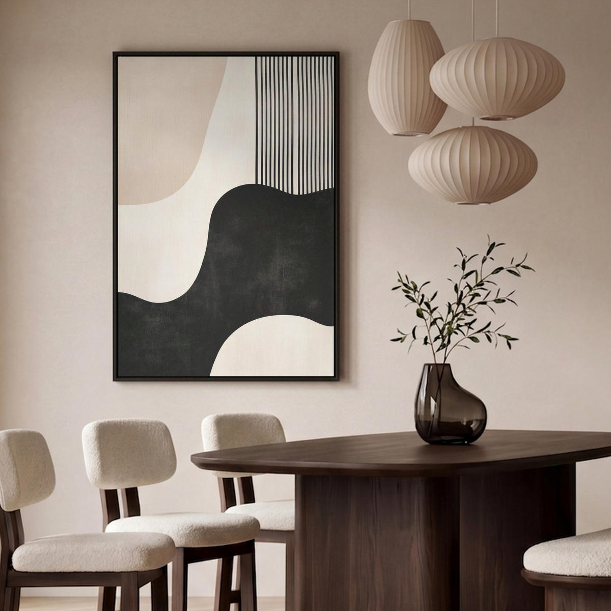 LEINWAND Bilder mit Rahmen - Abstrakt - Japandi - Beige - Modern - 100x150 - Schwarz, Textil (100/150cm) - MuchoWow