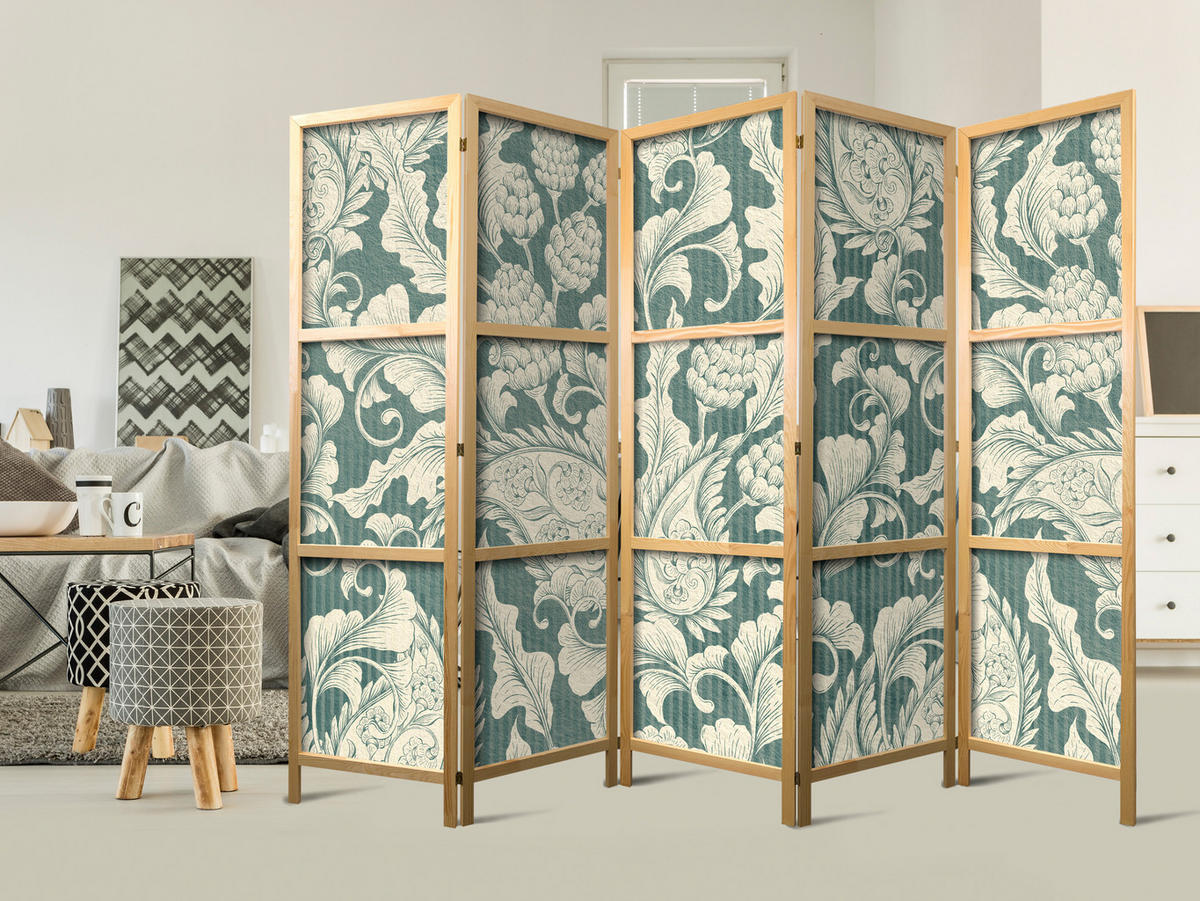 PARAVENT Japanischer 5-tlg 225x172 cm Pflanzen Ornamente - Multicolor, Holz/Textil (225/172/3cm) - Muralo