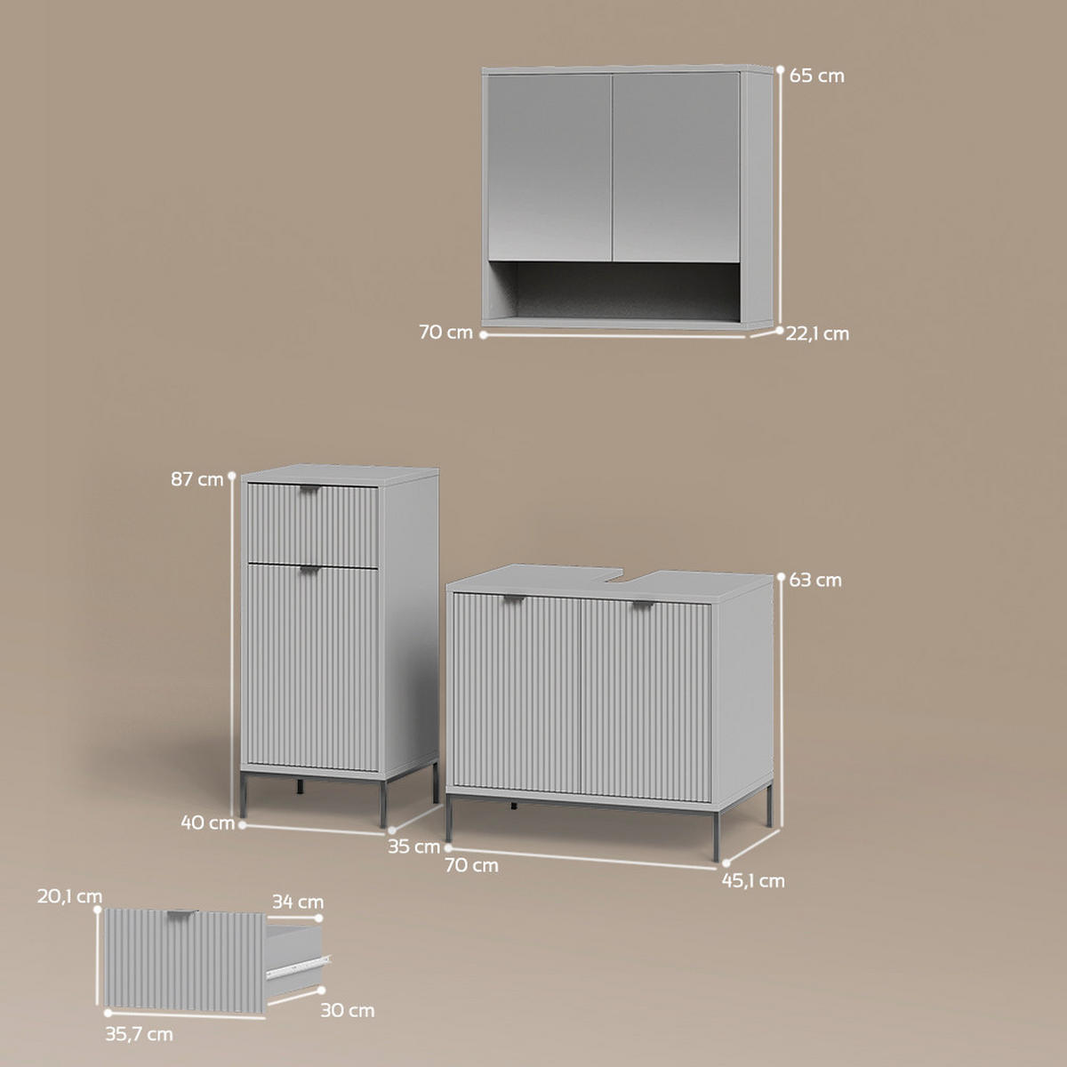 BADMÖBEL-SET ATERNO Grau 3 Teile - Grau, Holzwerkstoff (70/63/45cm) - Livinity®