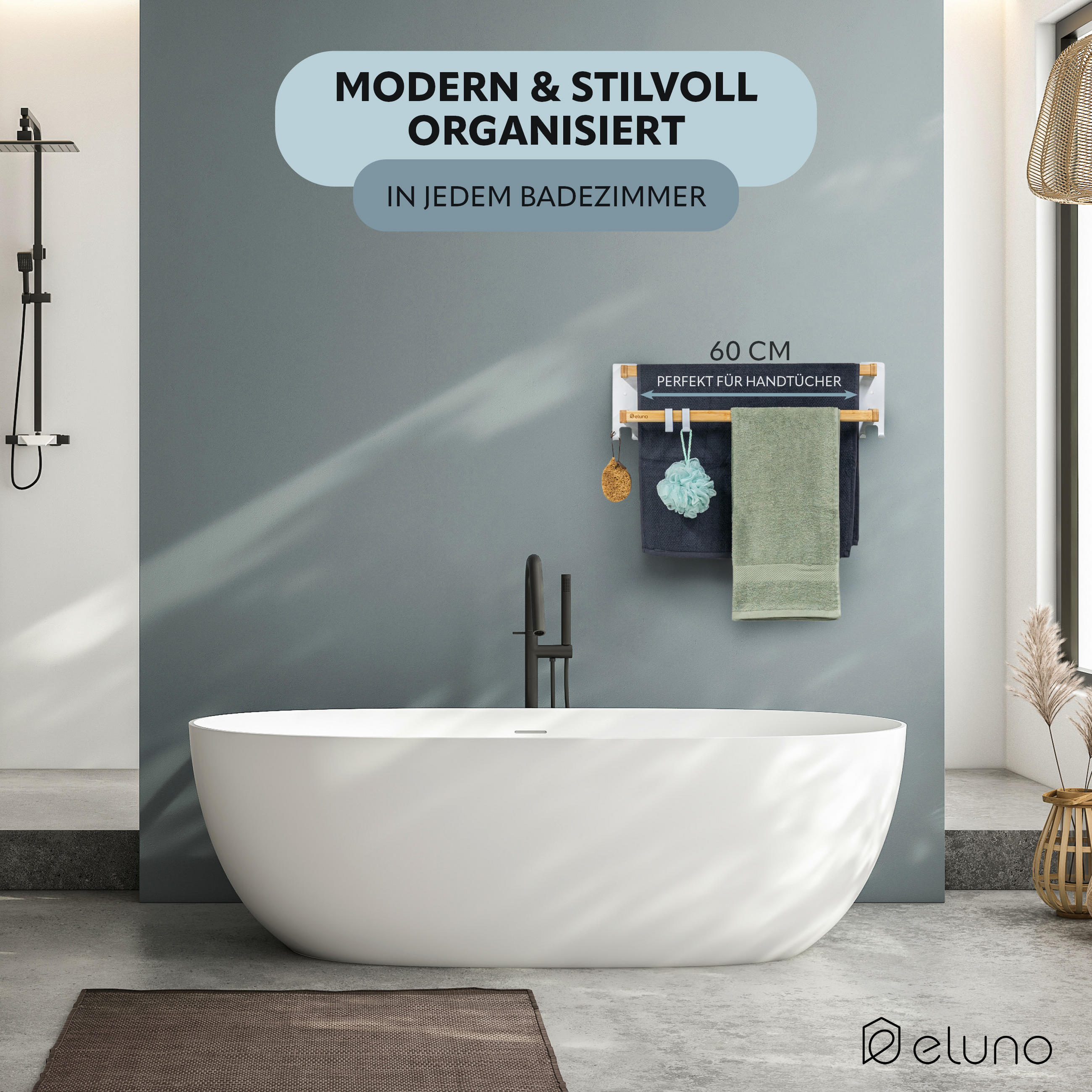 HANDTUCHHALTER, Metall weiß mit Bambus - Weiß, Holz (64.5/18/12cm) - eluno