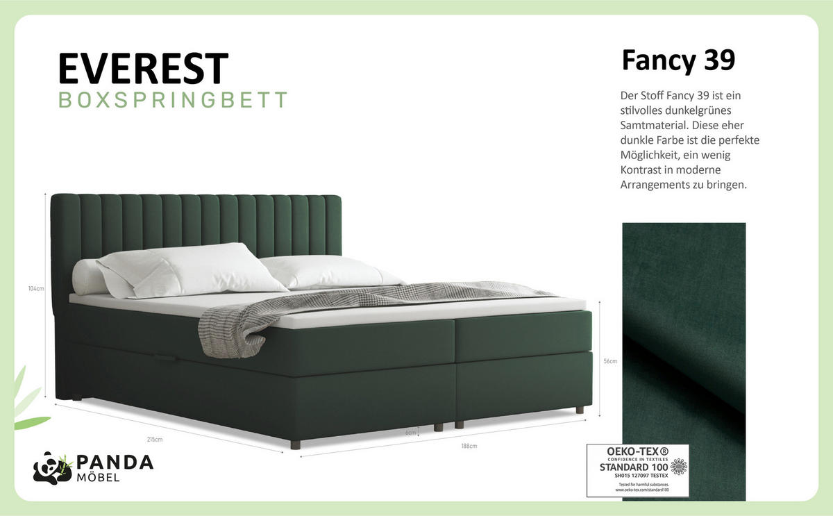 BOXBETT Everest grön 180 x 200 cm Doppelbett mit hochwertiger Bonell-Matratze und Topper - Grün, Holz (180/200cm) - Panda Möbel