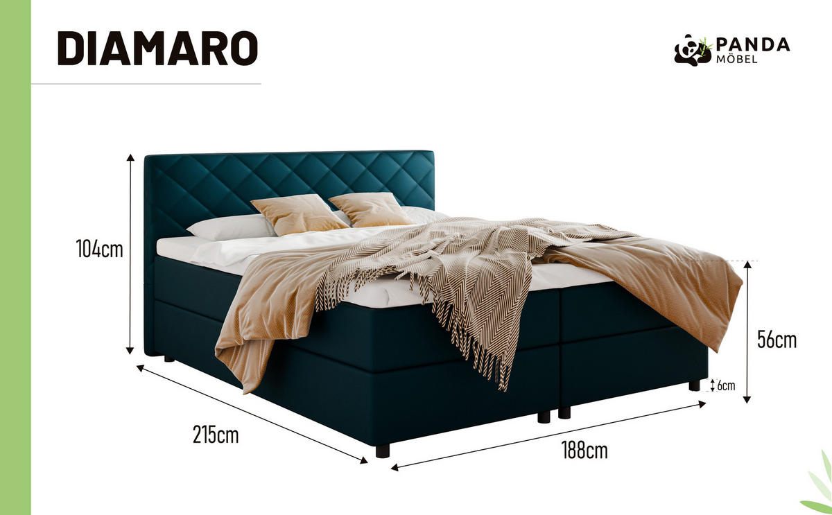 BOXBETT Diamaro 180x200 cm mit Bettkasten und Topper - Dunkeltürkis - Türkis, Holz (180/200cm) - Panda Möbel