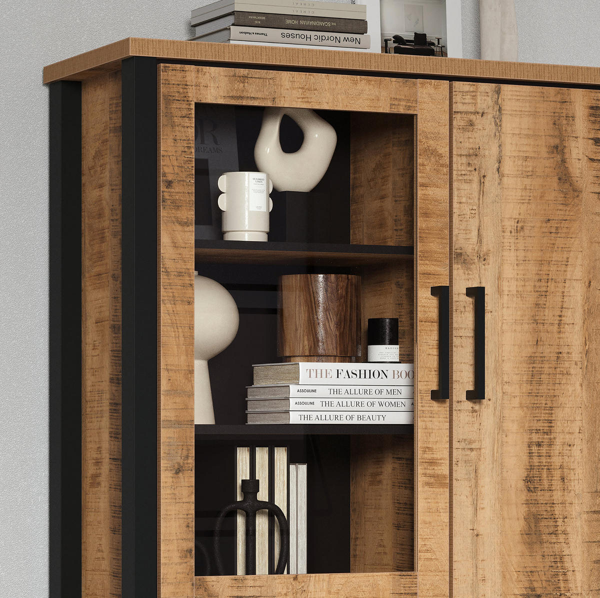 VITRINE Mango, schwarz 106 x 195 cm, Vitrinenschrank für Wohn- und Esszimmer - Schwarz/Naturfarben, Glas/Holzwerkstoff (106/195/45cm) - Top.Furn