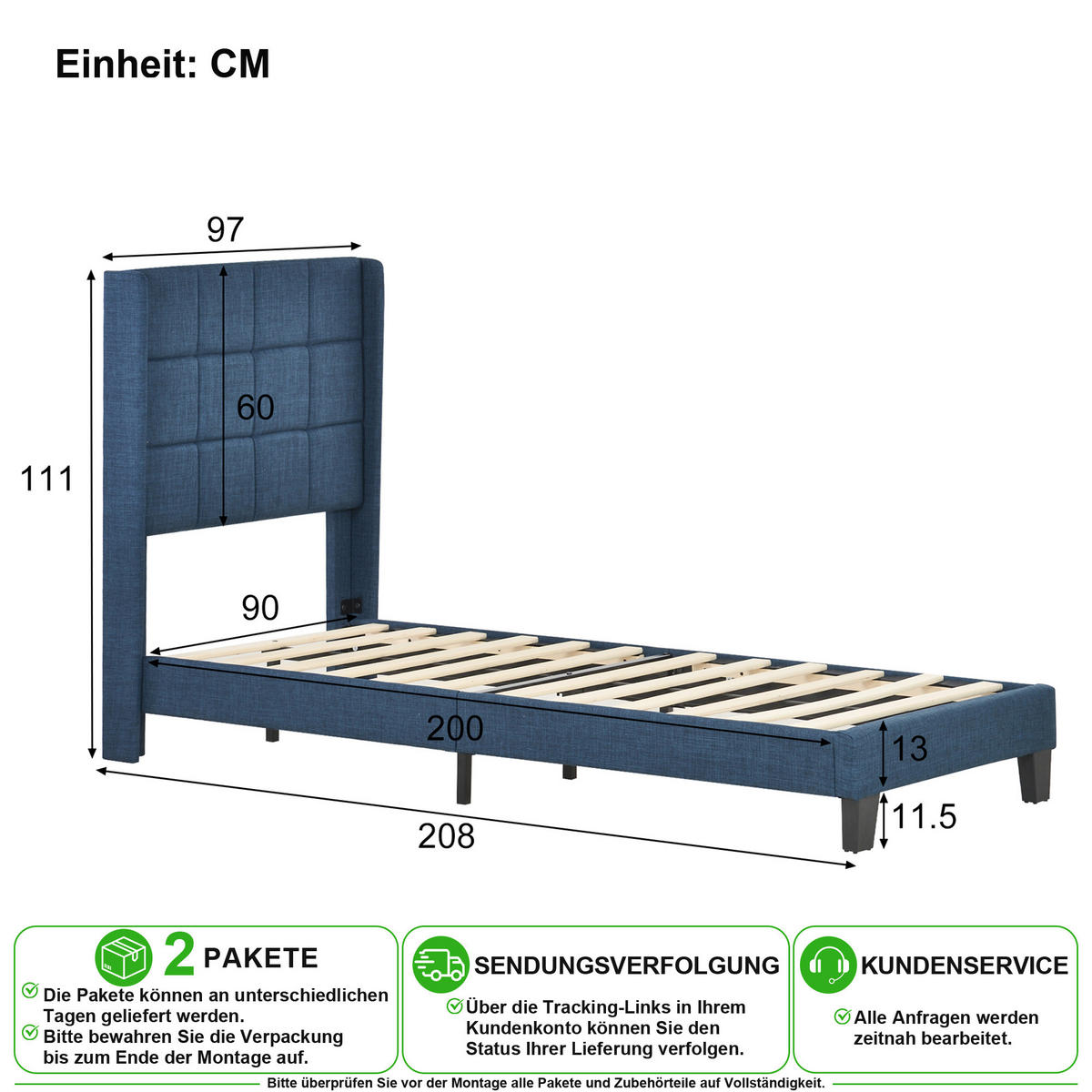 POLSTERBETT 90/200 cm in Blau Leinen mit Lattenrost und Matratze - Blau, Holzwerkstoff/Textil (90/200cm) - CHICFURN