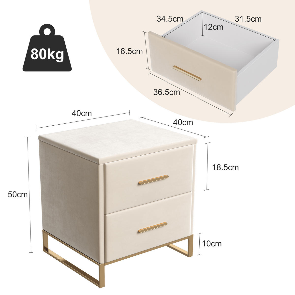 NOČNÝ stolík, béžový zamat, 2 zásuvky, zlaté nohy - béžová, kompozitné drevo (40/50/40cm) - SHOPENTRA