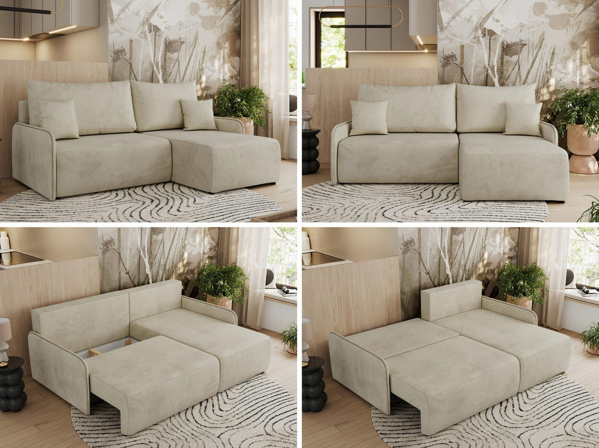 ECKSCHLAFSOFA ARPA L Beige Velvet - rechts - Beige/Schwarz, Kunststoff/Textil (150/198cm) - MKS