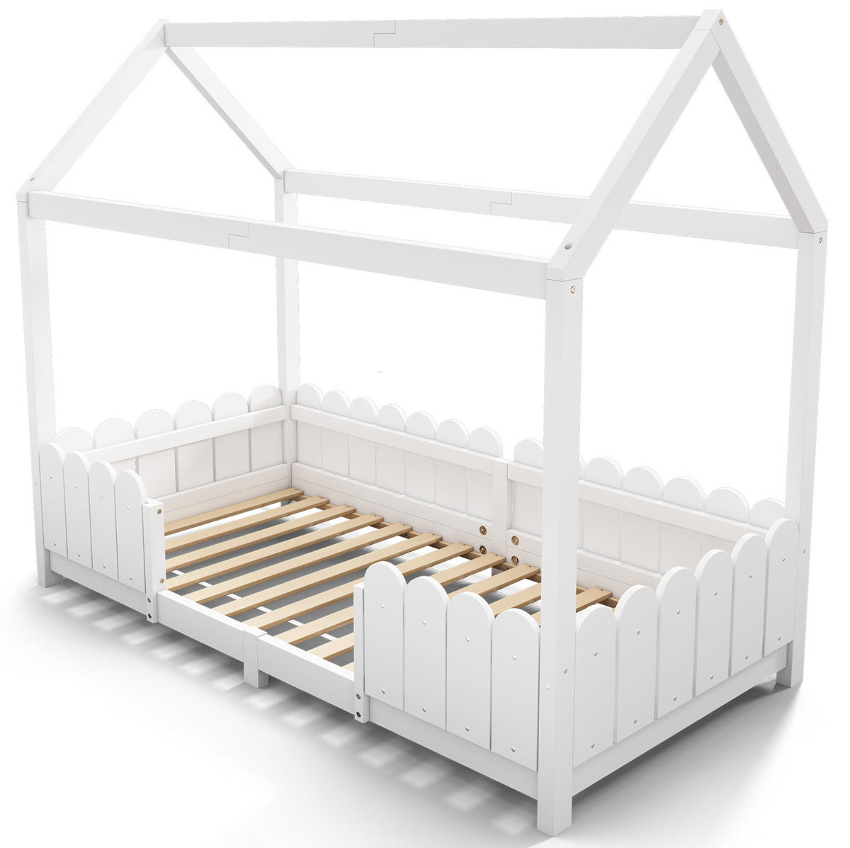 HAUSBETT 90/200 cm in Weiß – mit Dach und Rausfallschutz - Weiß, Holz (90/200cm) - BEAOK