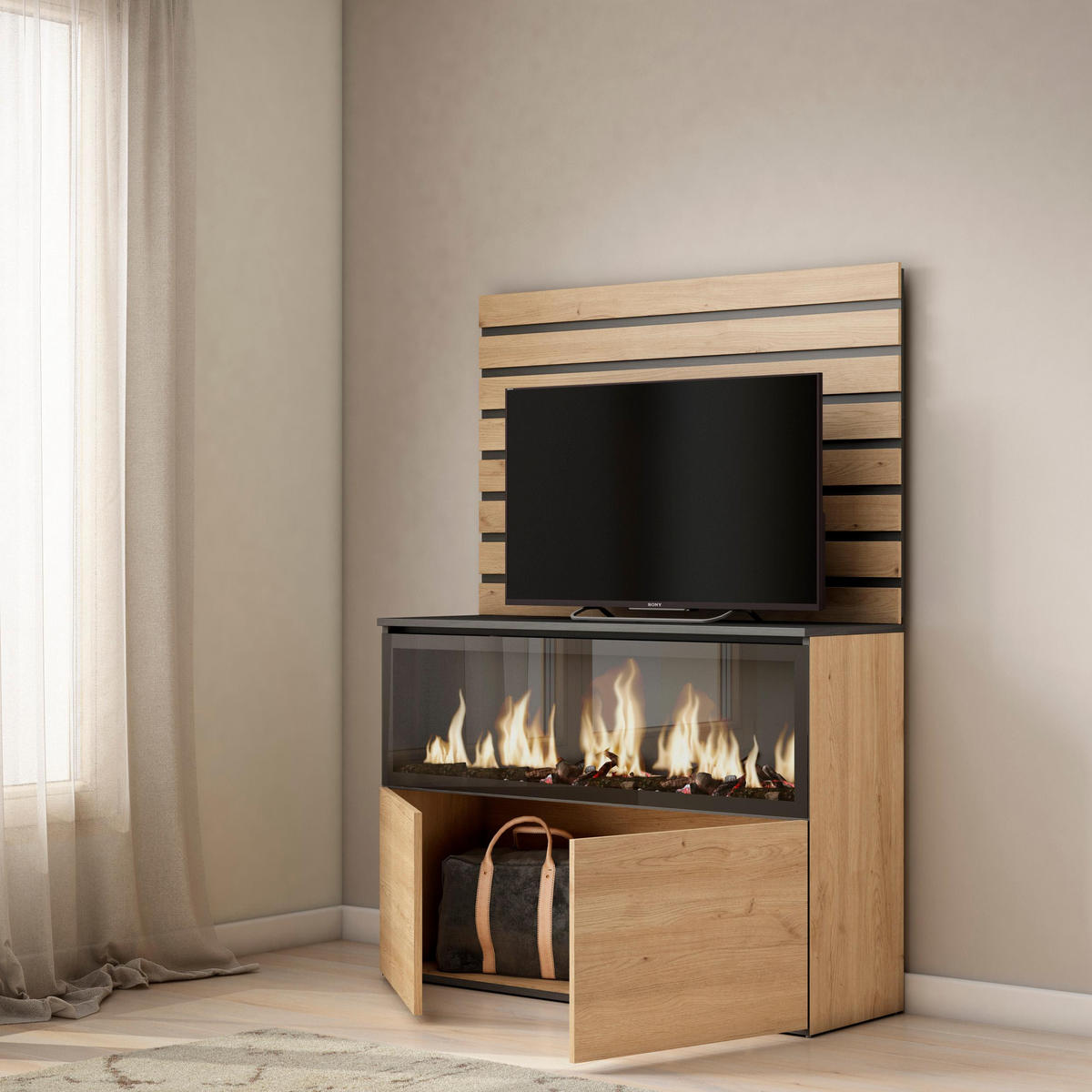 SIDEBOARD KOMMODE, Elektrokamin XXL, eiche, 107/35/145cm - Eichefarben, Holzwerkstoff (107/145/35cm) - Skraut Home