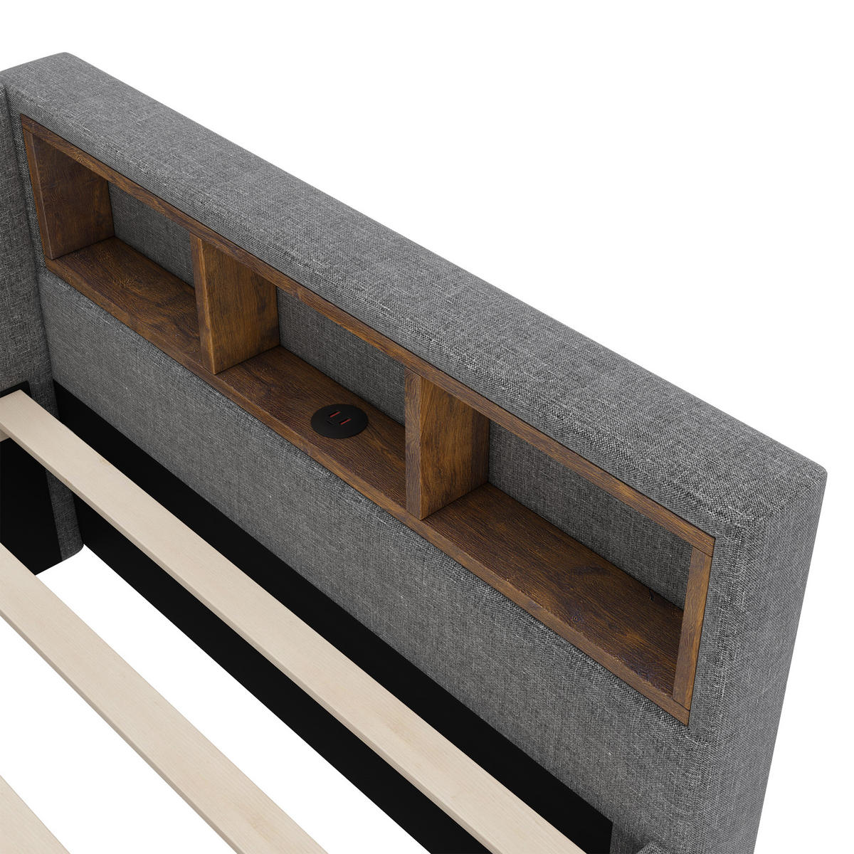 TAGEBETT 90x200cm Grau Leinen Ablagefach 2 Schubladen USB-C - Grau, Holz (90/200cm) - FLIEKS