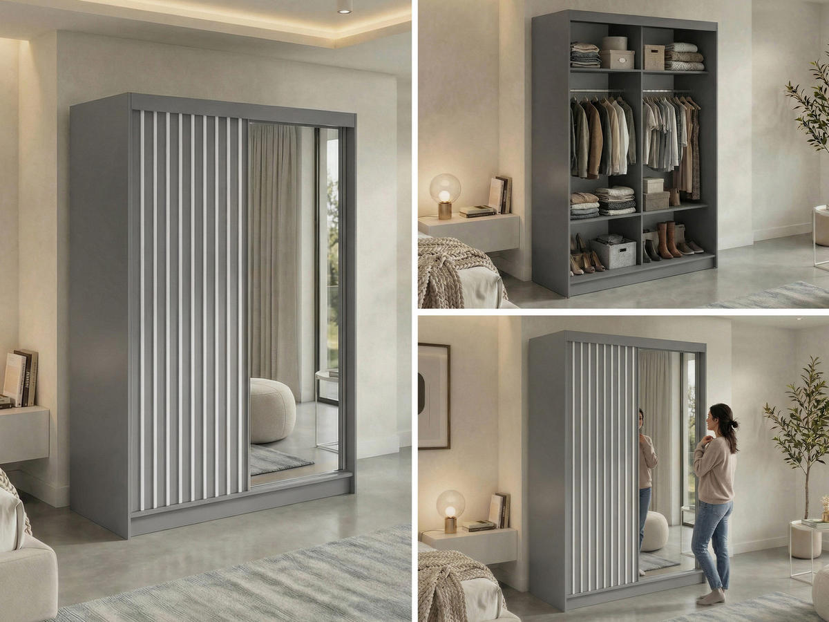 SCHWEBETÜRENSCHRANK mit Spiegel LAOS - 150 - Grau - Weiß Lamellen - Alufarben/Weiß, Holzwerkstoff/Metall (150/216/61cm) - MKS