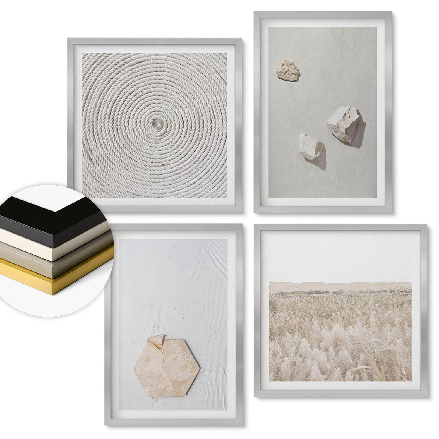 WANDBILDER 4er Set - 50x50 cm & 40x60 cm Silberner Rahmen - Leichte Boho-Sandtexturen - Silberfarben, Kunststoff (50/50cm) - ArtPrintCave