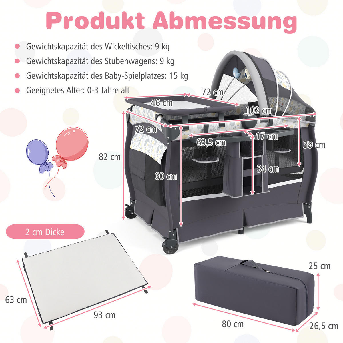 BABYBETT Grau - Grau, Textil - COSTWAY