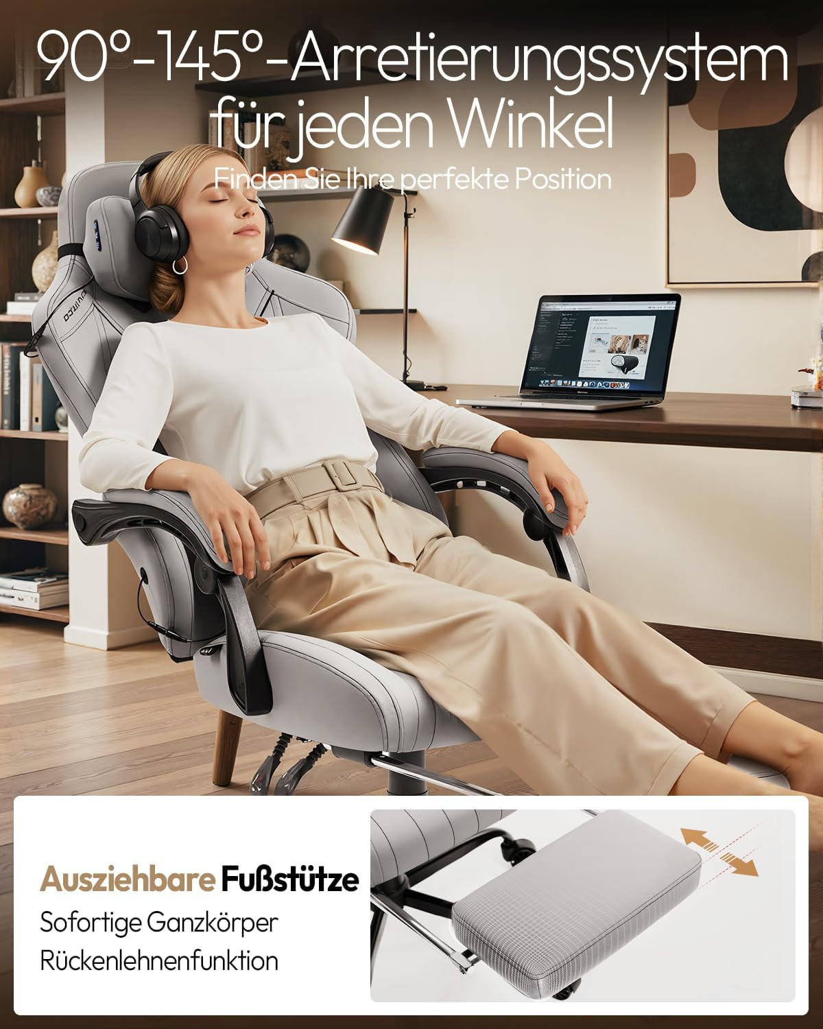 GAMING Stuhl mit Massagefunktion & Lendenwirbelstütze & Nackenstütze - Grau, Leder (56/123/70cm)