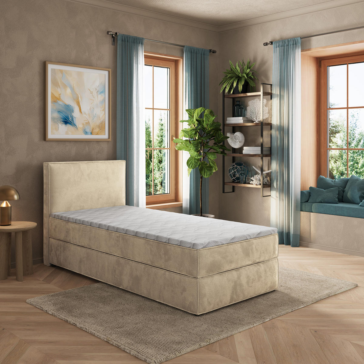 BOXBETT PELLIO 90x200 cm mit Matratze und Topper - Creme - Creme, Holz (90/200cm) - MASSENO