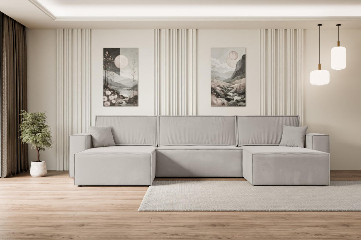 WOHNLANDSCHAFT mit Schlaffunktion und Bettkasten CELTIC-XLU - 377x143x83 cm Hellbraun Velours - Hellbraun/Schwarz, Holzwerkstoff/Kunststoff (377/83/143cm) - ALTDECOR
