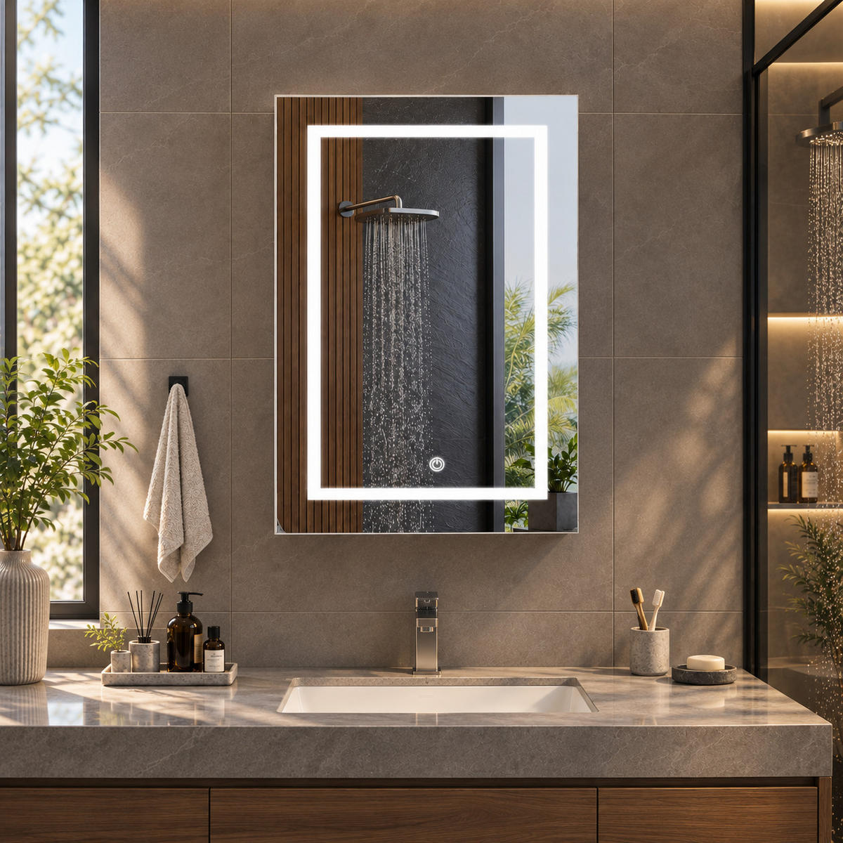 SPIEGELSCHRANK LED 50/70/12.5 cm Weiß, 1-türig, dimmbar, Touch-Schalter, 3 Lichtfarben, Badschrank mit Glasböden - Weiß, Glas (50/70/12.5cm) - Joyfair
