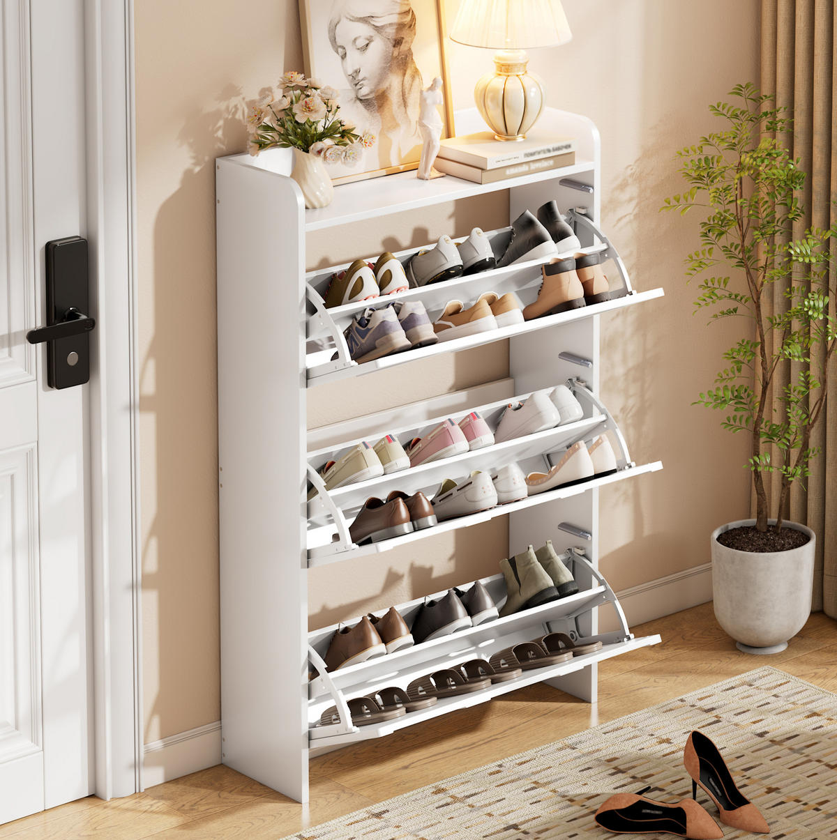 SCHUHSCHRANK 70/25/120 cm weiß aus MDF mit Klapptüren und Schublade - Weiß, Holzwerkstoff (70/120/25cm) - OKWISH