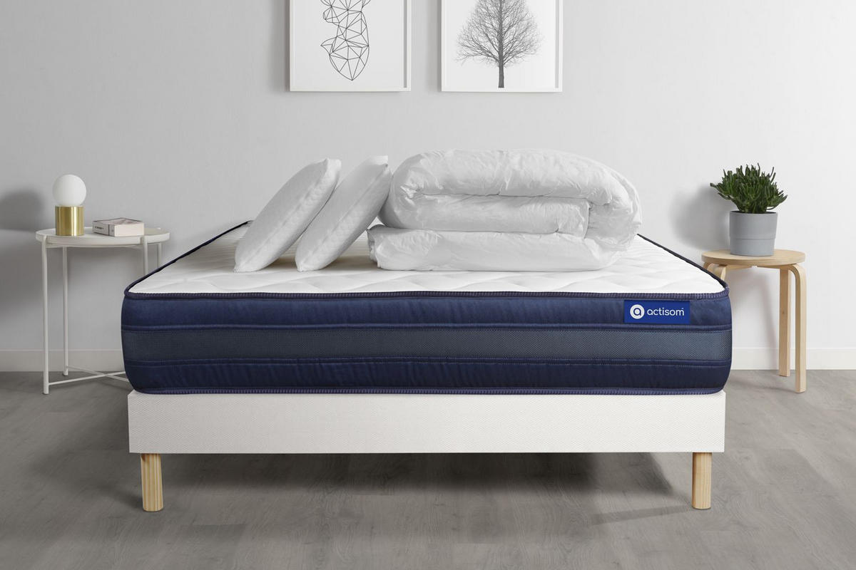 BETT Actilatex tech Latex und Memory-Schaum 180 x 200 cm h4 - Kit Bettgestell Weiß - Mit Kissen und Bettdecke - Beige/Weiß, Holz/Textil (180/200cm) - ACTISOM