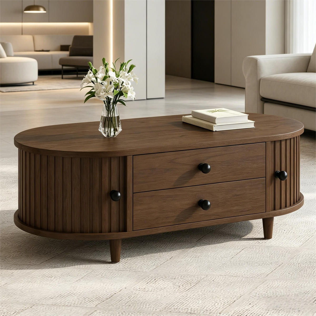 COUCHTISCH mit Stauraum, Rolltüren & Schubladen in heller Holzoptik Skandi 100/50/36 MDF Massivholzbeine - Dunkelbraun, Holzwerkstoff (100/50/36cm) - EVRYAE