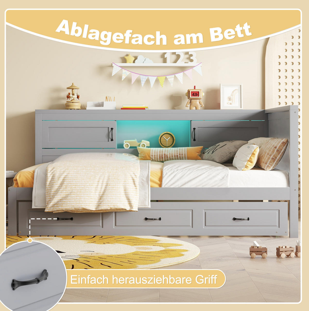 BETT 90/200 cm Grau aus Spanplatte und MDF mit LED-Beleuchtung und Bett - Grau, Holzwerkstoff (90/200cm) - OKMYHOME