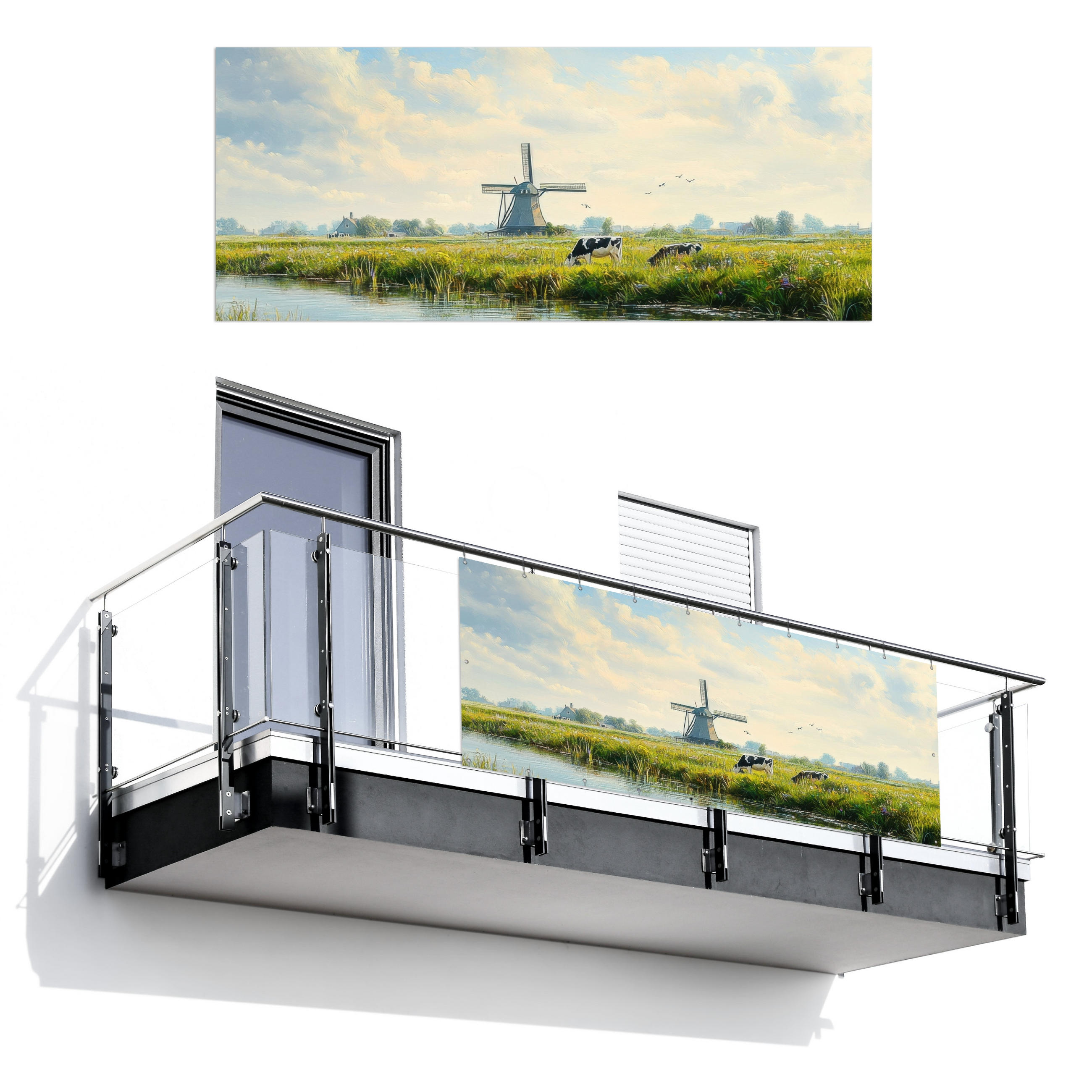 BALKON-SICHTSCHUTZ Kühe - Windmühle - Wiese - Blau - Grün, Kunststoff (300/120cm) - MuchoWow