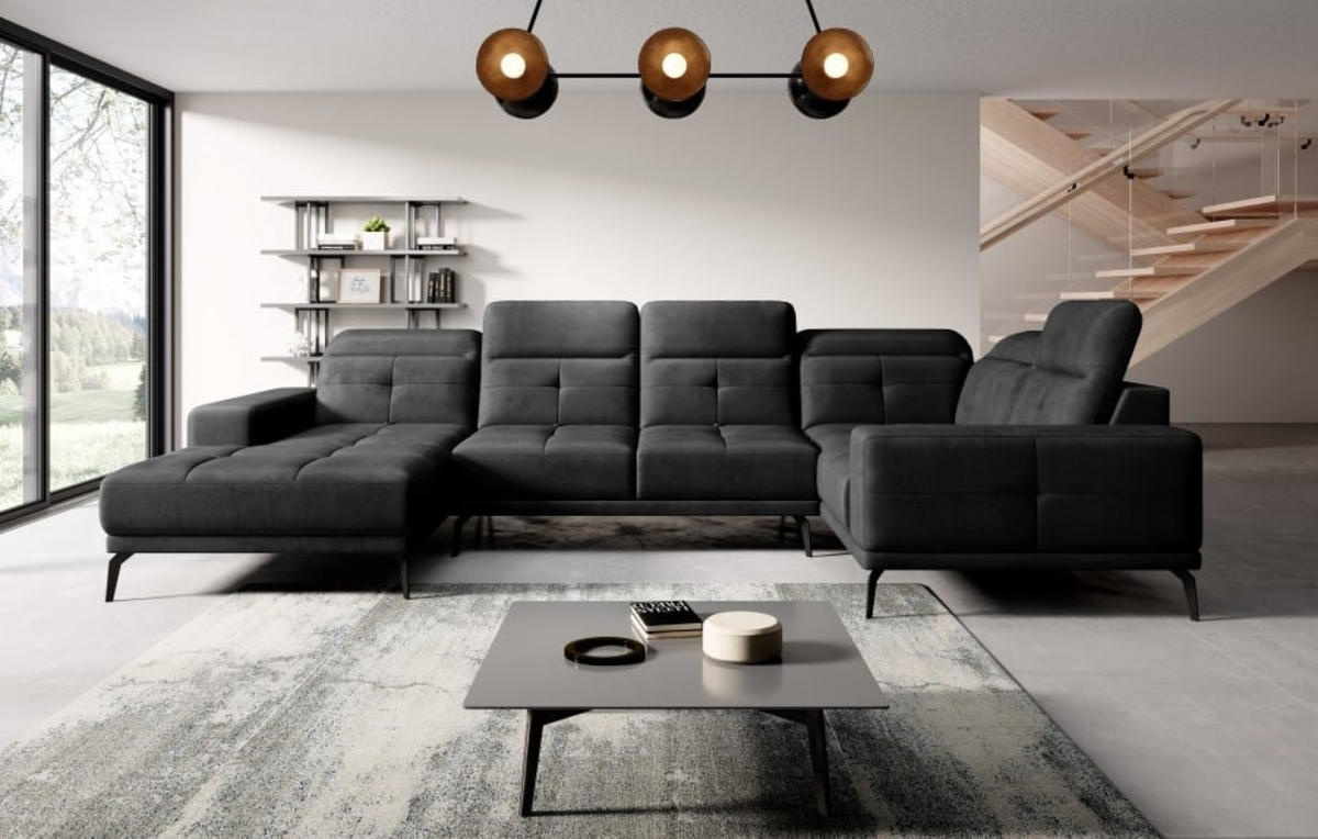 WOHNLANDSCHAFT mit Sitztiefenverstellung, wasserabweisender Nube-Stoff der Spitzenklasse - Anthrazit/Schwarz, Textil/Metall (210/77/350cm) - Eltap