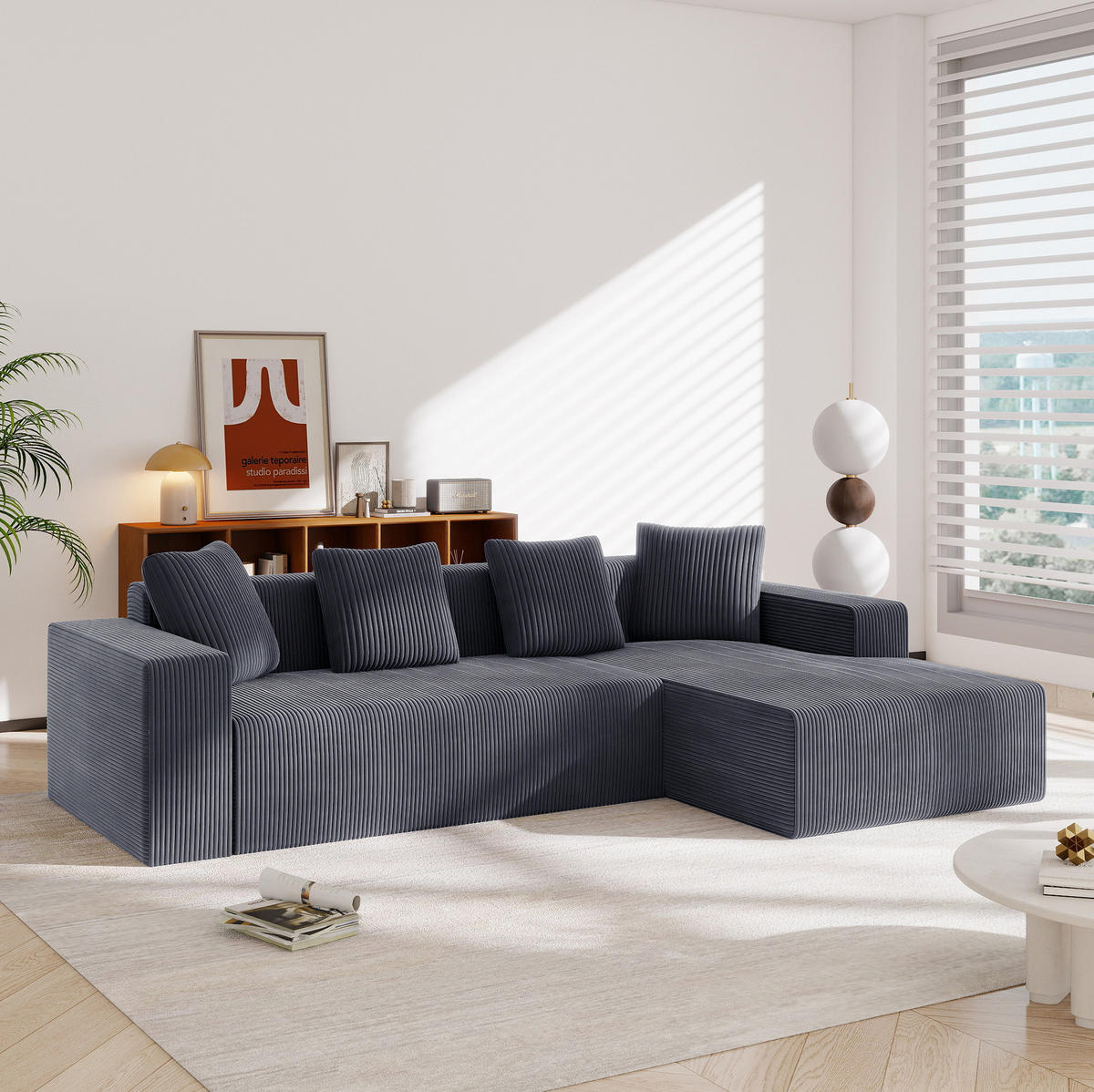 ECKSOFA Cord mit tiefer Sitzfläche, modularer Liege 261/146/65 cm Grau - Grau, Textil (146/261cm) - Redom