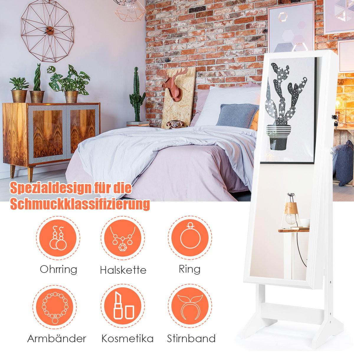 SCHMUCKSCHRANK Weiß MDF 41/36.5/146 cm - Weiß, Holzwerkstoff (36.5/146/41cm) - Gemütlich Home