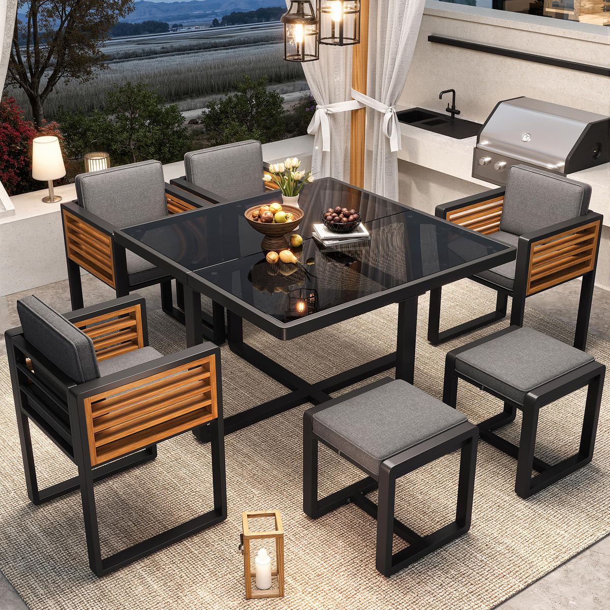 GARTENMÖBEL-SET Modernes 7-tlg. Schwarz - Grau, Metall - ComfortXL