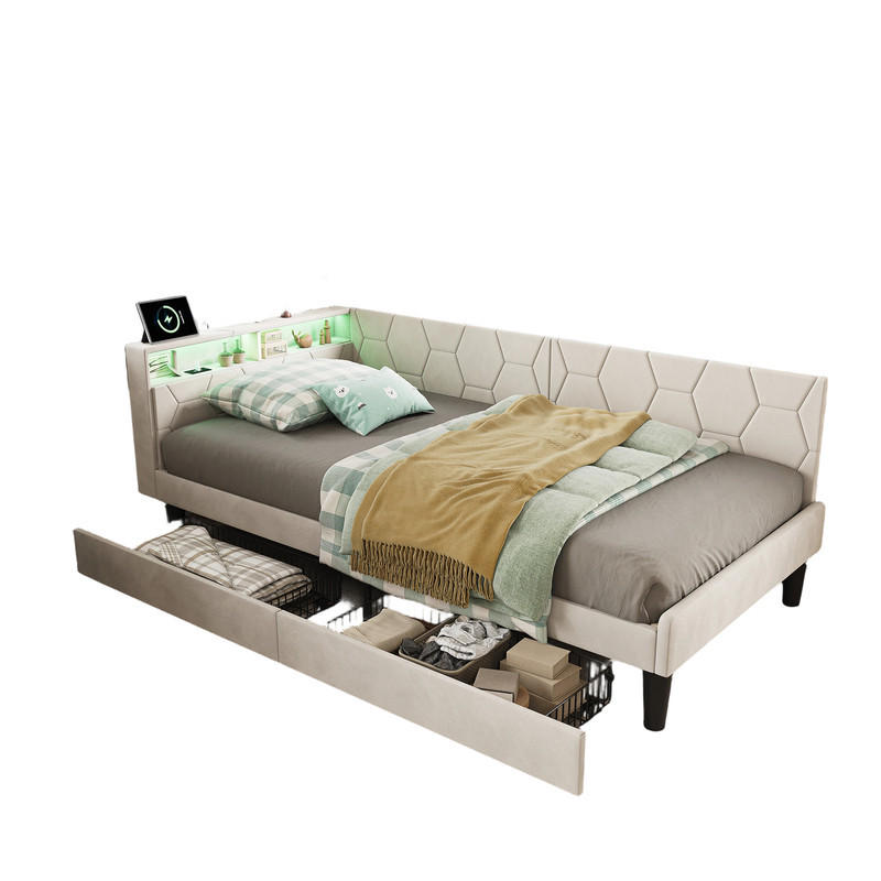 ČALÚNENÁ posteľ 90x200cm béžový zamat, zásuvky, box na posteľ, LED, USB-C - béžová, drevo - SHOPENTRA