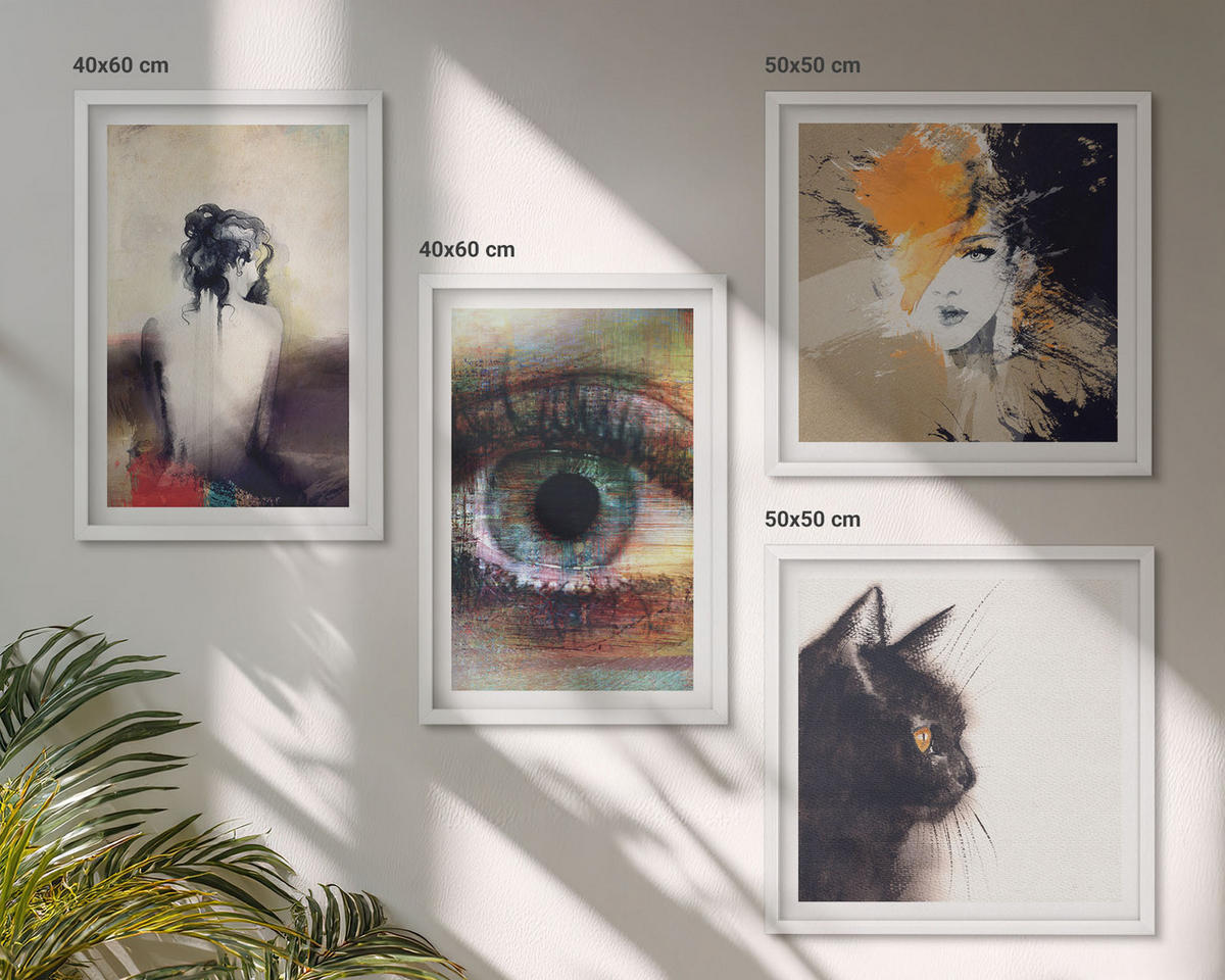 BILDER SET 4er Set - 50x50 cm & 40x60 cm Weißer Rahmen - Porträt einer Frau, Auge, Farben, Emotionen - Weiß, Kunststoff (50/50cm) - TULUP