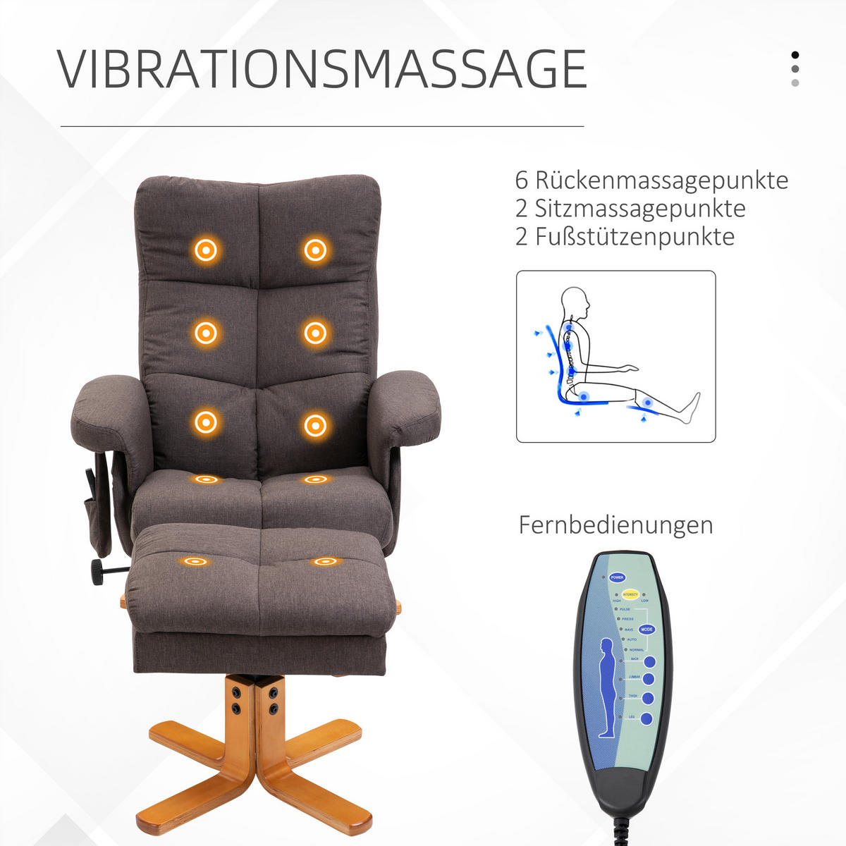 RELAXSESSEL Massagesessel mit Fußhocker Liegefunktion Polyester Braun - Anthrazit/Braun, Holz/Textil (86/99/80cm) - HOMCOM