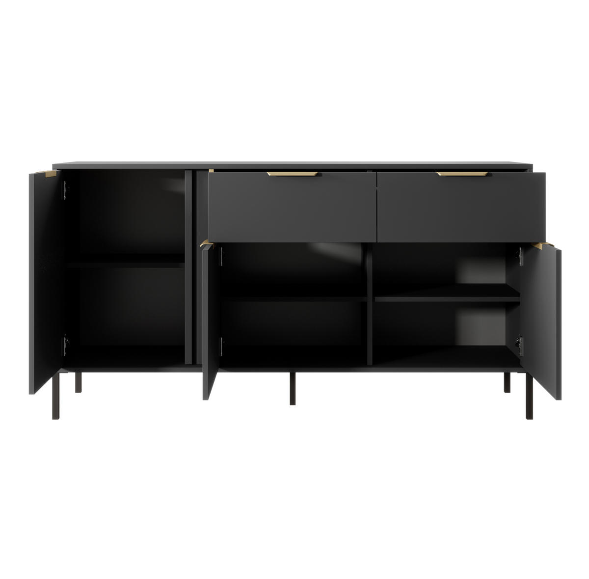 SIDEBOARD Catanian 3T 2S Grau 153,1/81,4/39,5 cm – mit goldenen Griffen und schwarzen Beinen - Schwarz/Grau, Holzwerkstoff/Metall (153/81.4/39.5cm) - AX Living