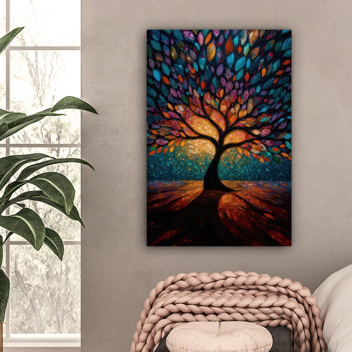 LEINWANDBILD Mosaik - Bunt - Baum - Äste Wanddeko Schlafzimmer 60x90 cm - Multicolor, Textil (60/90cm) - MuchoWow