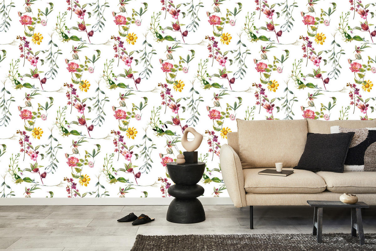 VLIESTAPETE Aquarell-Wiesenblumen – Rosa, Gelb, Grün, Weiß – 50x1000 cm - Gelb/Rosa, Papier (50/1000cm) - Muralo