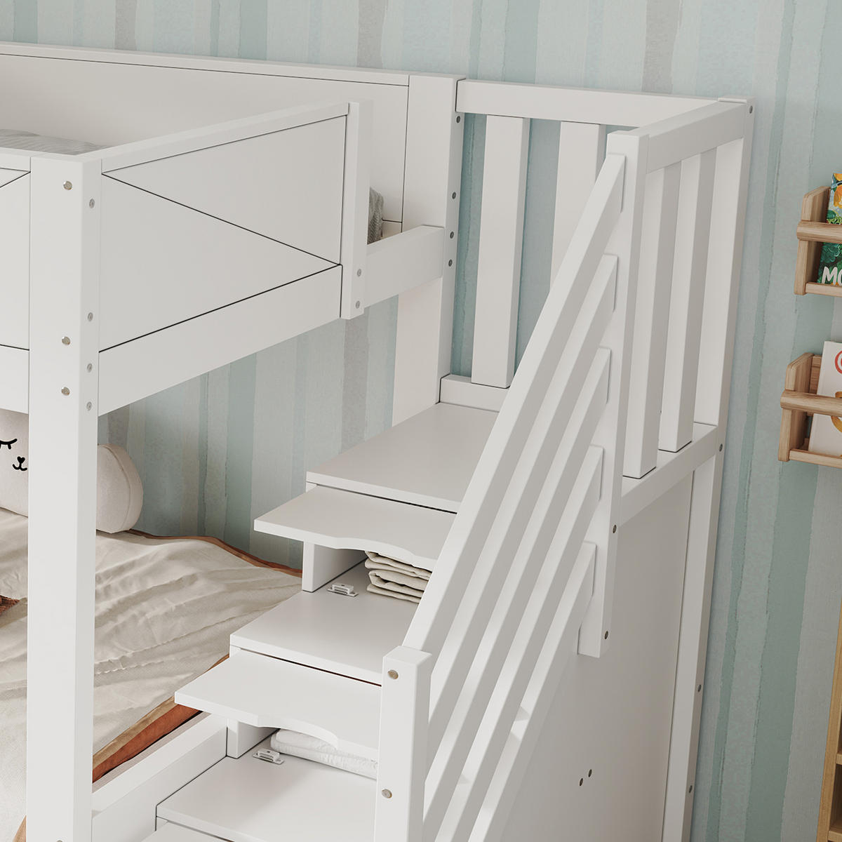 ETAGENBETT 90/200 cm in Weiß mit Stauraumtreppe, Schrankfächern, Ablage und Paneel-Design aus Massivholz und MDF - Weiß, Holzwerkstoff (90/200cm) - STILVORA