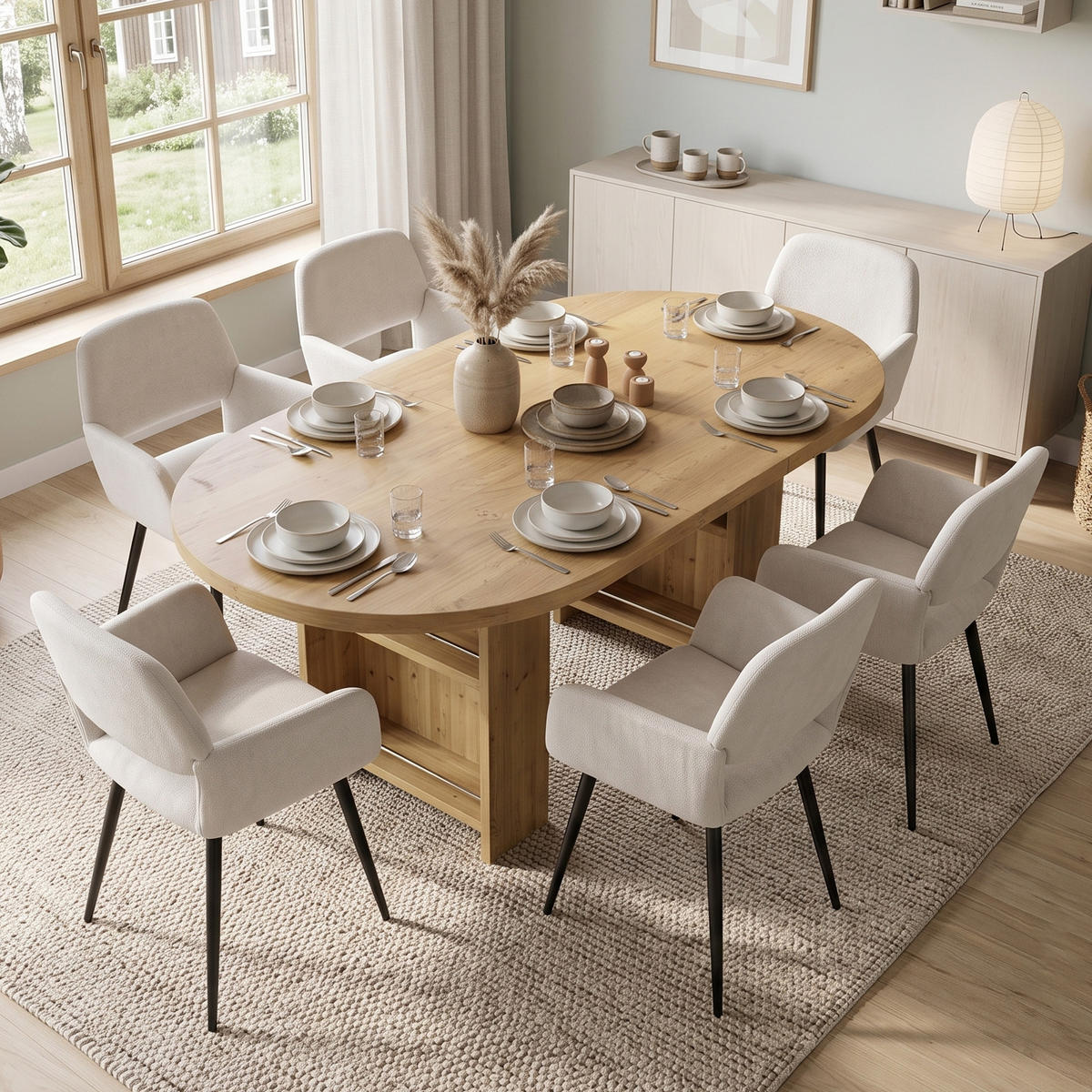 ESSGRUPPE 1+6 Ausziehbarer Tisch Eiche 150-200cm & 6 Armlehnstühle Beige - Eichefarben, Holzwerkstoff (200/76/90cm) - Urban Meuble