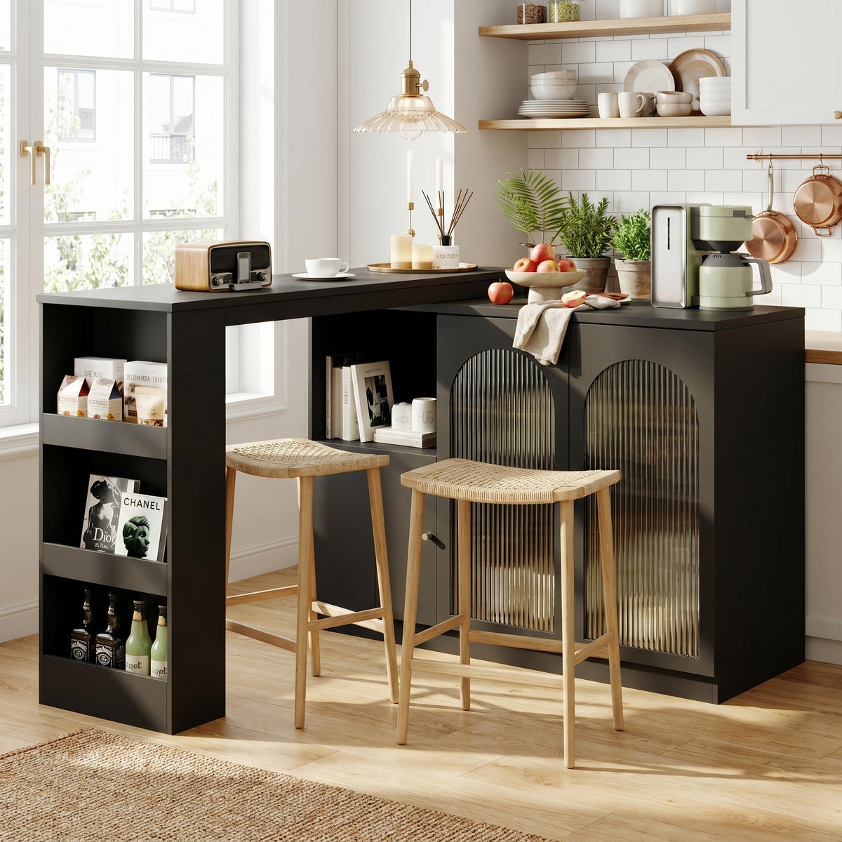 BARSCHRANK 360° drehbar & schwarz mit glastüren & flexiblem bartisch - Schwarz, Holzwerkstoff (40/120/97cm) - Urban Meuble