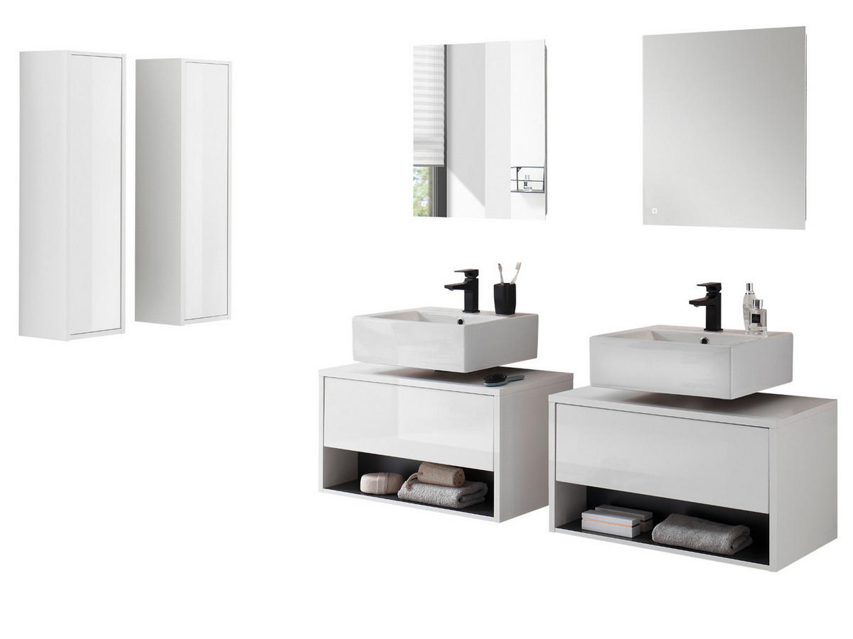 BADMÖBEL-SET 6-teilig weiß Hochglanz, grau, Komplettset mit LED Beleuchtung - Weiß Hochglanz/Grau, Glas/Holzwerkstoff (250/190/46cm) - Furn.Design