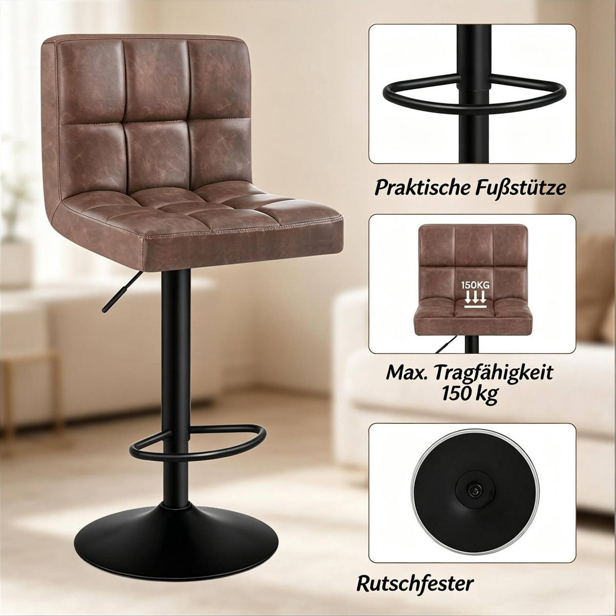 BARHOCKER mit Rückenlehne und Armlehnen, 360° drehbar, höhenverstellbar, dunkelbraun - Dunkelbraun, Metall (44/114/38cm) - MIVRAY