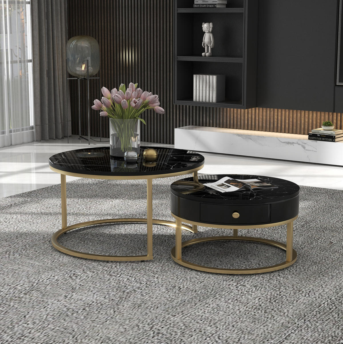 COUCHTISCH 70/50 cm in Schwarz aus MDF mit Hochglanz in Marmoroptik - Schwarz, Holzwerkstoff (70/70/48cm) - OKMYHOME
